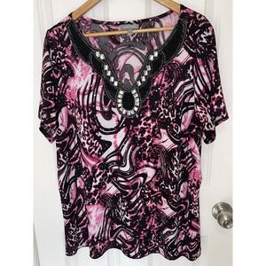 Women’s Essentials Black &‎ Pink Sequin Neck Short Sleeve Blouse Plus Size 1X